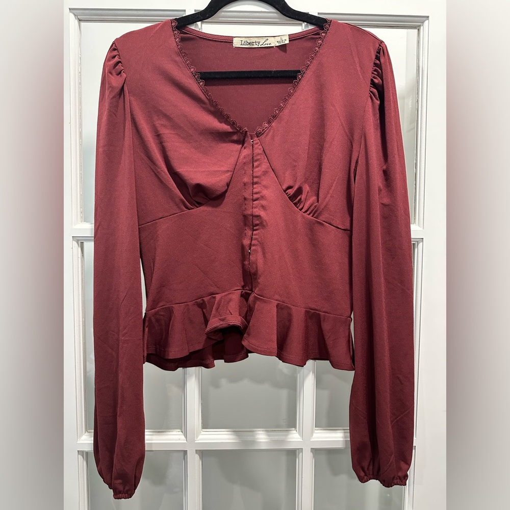 Liberty Love Maroon Ruffle Blouse - Size Large